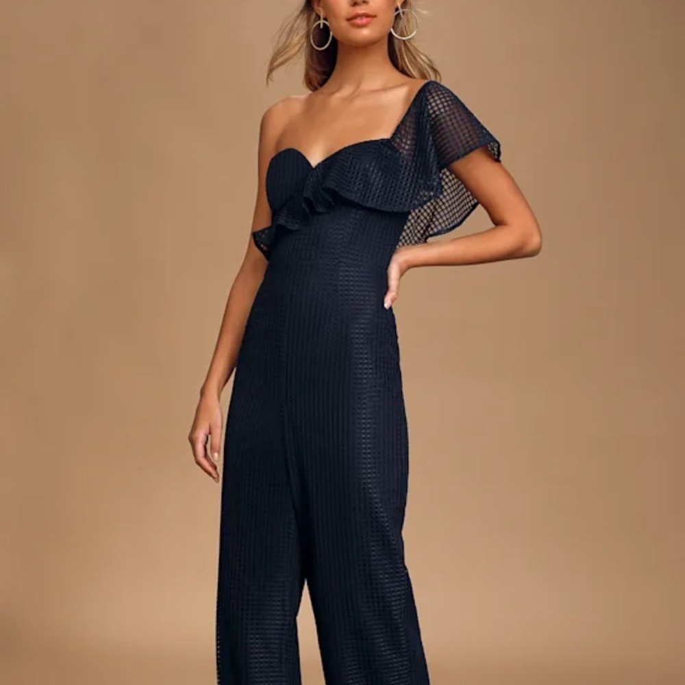 Lulu Off the Charts Navy Blue Grid Print Mesh One-Shoulder Jumpsuit - Picture 4 of 9